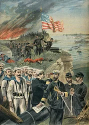 Landing af amerikanske tropper ved Guantanamo, spansk-amerikanske krig i 1898 (kobberstik)