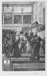 Victor Hugo (1802-85) ved den lovgivende forsamling holdt en tale om revisionen af forfatningen den 17. juli 1851, ca. 1885