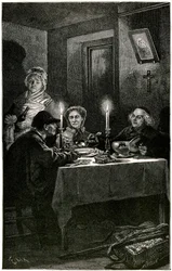 Victor Hugo "Les Miserables" Illustration af Lix graveret af Meaulle: Forcat og Eveque. Jean Valjean, som eveque Myriel tilbød hospitalet, vil begå sin sidste flugt: hans værts sølvtøj. På bordet står de to sølvlysestager