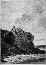 Victor Hugo i eksil på Jersey i 1855, på Proscriit-klippen. Gravering af Louis Fortune Meaulle (1844-1901), som Hugo sagde om: "Jeg tænker, il grave".