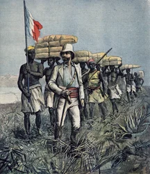 Løjtnant Mizon (1853-99) på sin udforskningsmission i 1892 i området ved Benue-floden i Nigeria, fra »Le Petit Journal«, juli 1892