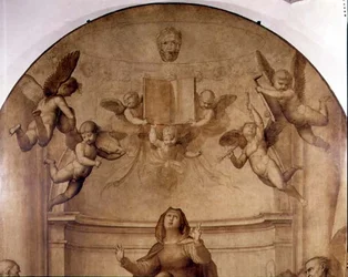 The Great Council Altertavle, detalje, der viser musikalske engle, der holder en bog i vejret