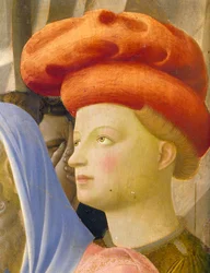 Mandsfigur med rød turban, detalje fra Afsætning fra korset eller den hellige treenigheds altertavle, ca. 1432 (tempera på panel)