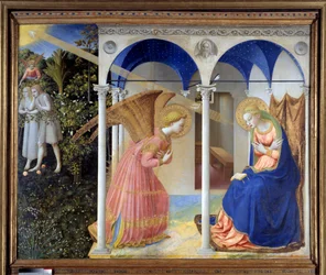 Bebudelsen (i baggrunden blev Adam og Eva fordrevet fra Paradiset), ca. 1445 (tempera og guld på panel)