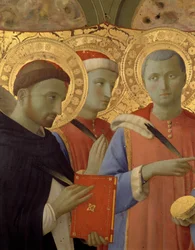 Detalje af Annalenas altertavle: Portrætter af Sankt Peter Martyren, Sankt Cosimo (Kom eller Cosimo) og Sankt Damien (tempera på træ)