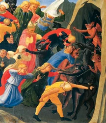 Helvede med dæmoner organiserer forbandet, detalje fra Last Judgment af Giovanni da Fiesole kendt som Fra Angelico (1400-cirka 1455), tempera på træ