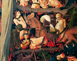 Helvede med dæmoner, der straffer grådige, detaljer fra Last Judgment af Giovanni da Fiesole kendt som Fra Angelico (1400-cirka 1455), tempera på træ