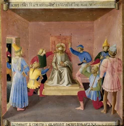 Jesus hånet af soldaterne. Kristi liv, Armadio degli Argenti. (Tempera på træ