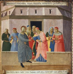 Judas gik til ypperstepræsterne og indvilligede i at udlevere Jesus i bytte for tredive sølvmønter. Kristi liv, Armadio degli Argenti. (Tempera på træ