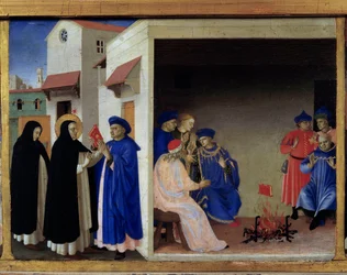 Predella til Jomfru Marias kroning: miraklet med bogen, der kastes i ilden foran albigenserne. Sankt Dominikus tilbageviser det kathariske kætteri. Louvre, Paris