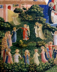 The Last Judgment Detail of Paradise, runden af aureolee sjæle. Detrempe på træ af Guido di Pietro (eller Fra Giovanni da Fiesole) dit Fra Angelico eller il Beato (1400-1455). Svag. 105x210 cm San Marco-museet. Firenze
