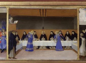 Munkenes måltid serveret af englene - den nederste del (predellaen) af "Jomfruens kroning", der viser Kristus ved graven og seks episoder fra Sankt Dominikus