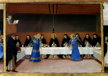 Munkene ved bordet, englenes køkken Life of Saint Dominica (detalje af predelle af Jomfruens kroning): englene serverer et måltid til dominikanske brødre. Maleri af Guido di Pietro (eller Fra Giovanni da Fiesole) dit Fra Angelico ou i