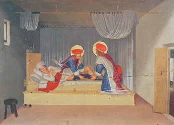 Altertavle, Jomfruen med barnet omgivet af engle og otte helgener. Predellaen: de hellige Kosmas og Damian transplanterer benet fra en sort mand til en diakon ved navn Justinian