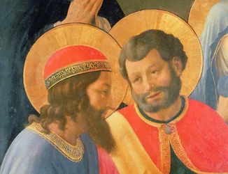 Afsætning fra korset, detalje af to helgener, 1436 tempera & guld på panel