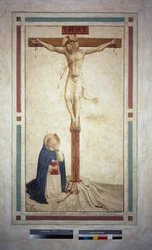 Korsfæstelsen med Saint Dominic. Indskriften ""INRI"" på korset. Fresco af Guido di Pietro