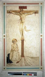 Korsfæstelsen med Saint Dominic. Indskriften ""INRI"" på korset. Fresco af Guido di Pietro