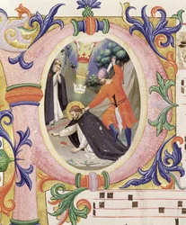 Missale 558, f.68v: historiseret initial „P“, der skildrer mordet på Sankt Peter Martyr