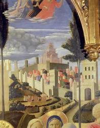 Santa Trinita altertavle, detalje af byen Jerusalem og Salomons tempel, c.1434 tempera & guld på panel