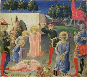 Halshugningen af St. Cosmas og St. Damian, fra predellaen af Annalena-altertavlen, ca. 1434 (tempera på panel)