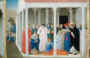 Genopvækkelsen af Napoleone Orsini ved Sankt Dominikus, fra predellapanelet til Jomfruens kroning, cirka 1430-32