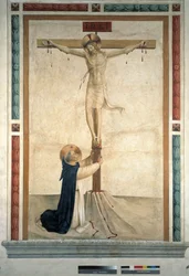 Korsfæstelsen med Saint Dominic. Indskriften ""INRI"" på korset, 1442