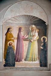 The presentation of Christ in the temple. Saint Peter, martyr, and Dominican nun Villana, observes the biblical scene. Fresco by Guido di Pietrodani