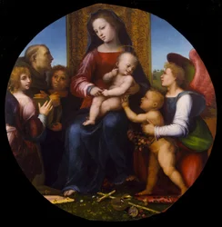 Tilskrives Fra Bartolommeo - Jomfru og barn med spædbarnet Johannes Døberen, Sankt Frans og tre engle, ca. 1510, K148