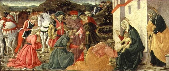 Magiernes tilbedelse, et predella-panel (tempera på panel)