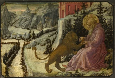 Den hellige Hieronymus og løven (predella på altertavlen i Santa Trinità i Pistoia). 1455-60