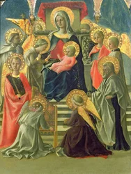 Madonna og barn troner med engle og hellige (tempera på panel) (se også 63779)