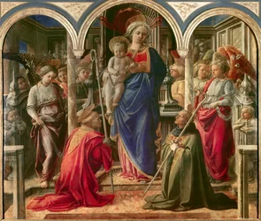 Jomfruen og barnet omgivet af engle, St. Frediano (Fridianus af Lucca eller Frigidanus, Frigidian, Phrygian) og St. Augustine, kendt som Pala Barbadori, Altertavle af Filippo Lippi (1406-1469) 1437-1 Sponsoreret af Barbadori-familien til baren
