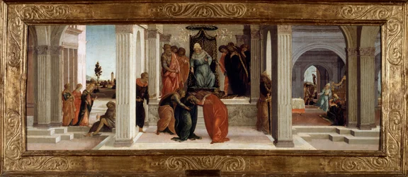 Tre scener fra Esters historie: Mardochee (eller Mordekhai eller Mordokai) beklager, Esters besvimelse, Aman (Haman) beder om sin nåde. Maleri på træ af filippinske Lippi (1457-1504) Søn. 0,48x1,32 m