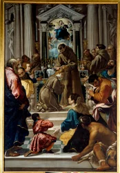Saint Francois af Assisi (1181-1223) klipper Saint Claires (1193-1253) hår. Maleri af Semplice De Verona (1589-1654) Ec. Ital.