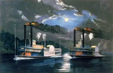 Et midnatsløb på Mississippi, efter en tegning af H.D. Manning, pub. af Currier og Ives, New York, 1860