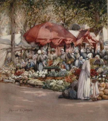 Markedsdag, Nordfrankrig ca. 1910 (akvarel på papir)