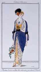 Parisiske kostumer: Askblå aftenfrakke i satin med irske detaljer. Tegning af Francisco Javier Gose (1876-1915) Ec. Esp.