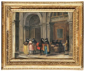 Maskerede figurer tager kaffe i Caffè Florian, Venedig (olie på lærred)