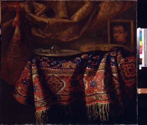 Stilleben med selvportræt. (Stilleben med selvportræt). Maleri af Francesco Fieravino (mellem 1610 og 1660). Italiensk kunst, barokstil. Regionalt A. Deineka kunstgalleri, Kursk, Rusland