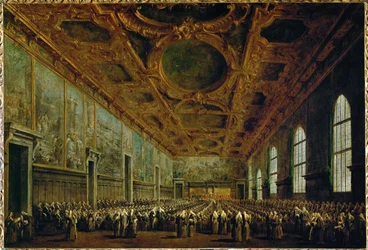 Efter sit valg takker Dogen det store råd i den store rådssal i Dogepaladset i Venedig, Italien ...