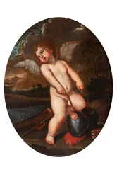 Bevinget putto knækker Minervas instrumenter