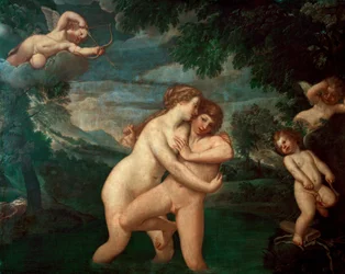 Salmacis i badet, afvist af Hermafroditos. Nymfen Salmacis, forelsket i sønnen af Hermes og Afrodite, får sine tilnærmelser afvist - Maleri af Francesco Albani, kaldet l
