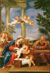 Den hellige familie med St. Elizabeth og St. Johannes Døberen, ca. 1645-50 (olie på kobber)