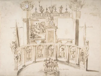 Design til en havefest med en halvcirkelformet væg og statuer i nicher., ca. 1635-79.