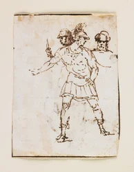 Studie af to romerske soldater og en skægget figur (recto); Studie af en skægget mand, der går med en pind (verso) (pen og brunt blæk)