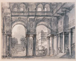 Scenografi til anden scene af "" Les noces de Figaro (Figaros ægteskab) af Wolfang Amadeus Mozart (1756-1791) instrueret af scenografen Francesco Bagnara (1784-1866) 1820-1839 Venedig Museo Correr