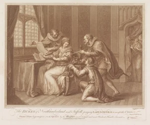 Dukes of Northumberland og Suffolk beder Lady Jane Gray om at tage imod kronen Hertugerne af Northumberland og Suffolk beder Lady Jane Gray om at acceptere kronen (titel på objektet)