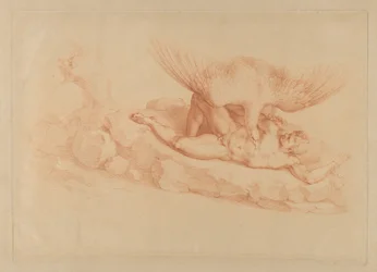 Prometheus, nøgen, lænket til en klippe, ser op på en ørn, der står over ham, 1795.