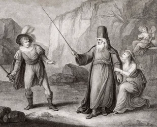 Prospero afvæbner Ferdinand. Shakespeare. Stormen (gravering)