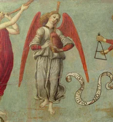 Engel spiller på sækkepibe, ca. 1475-97 tempera på paneldetalje af 64871, se også 64873 og 64874
